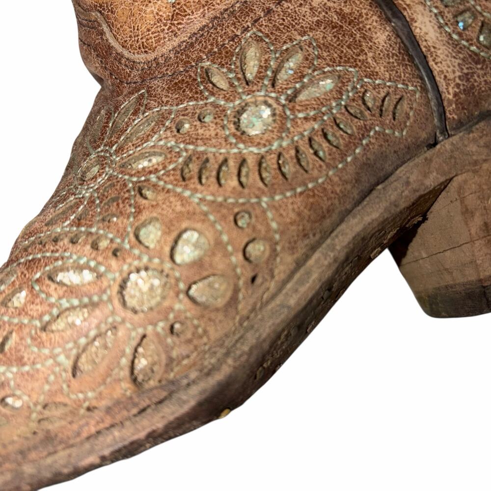 Corral Brown Leather Turquoise Glitter Inlay & Stitching Boots Snip Toe A3352 7M - Picture 8 of 16